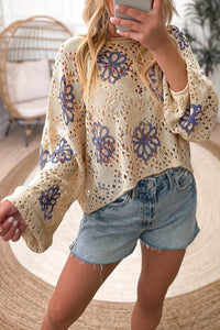 Beige Contrast Flower Print Eyelet Drop Shoulder Sweater