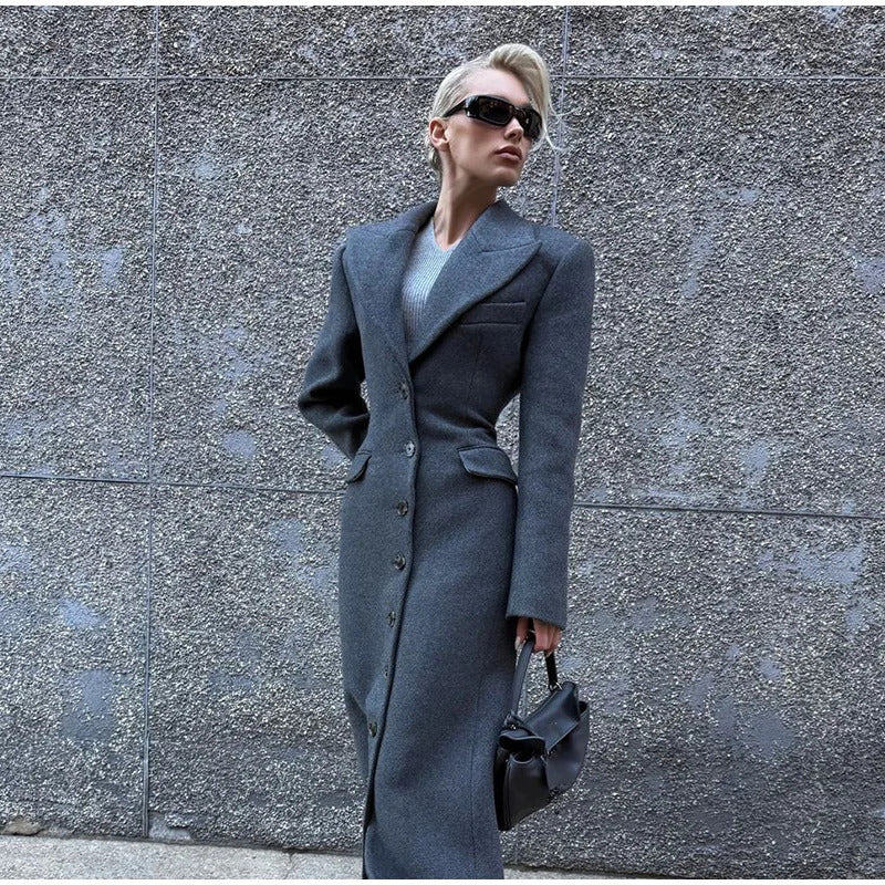 Elegant Waist Up Single Breasted Wool Blends Overcoat Women Fashion Lapel Slim Fits Long Coats Winter New Commute Lady Outwear