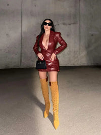 Women Sexy Deep V Red Lattice Leather Mini Dress Fashion Long Sleeve High Waist Fold Slim Dresses Lady New Highstreet Short Robe