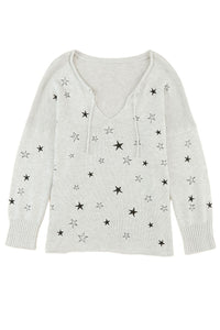 Gray Mini Starfish Embroidery Lightweight Knit Sweater