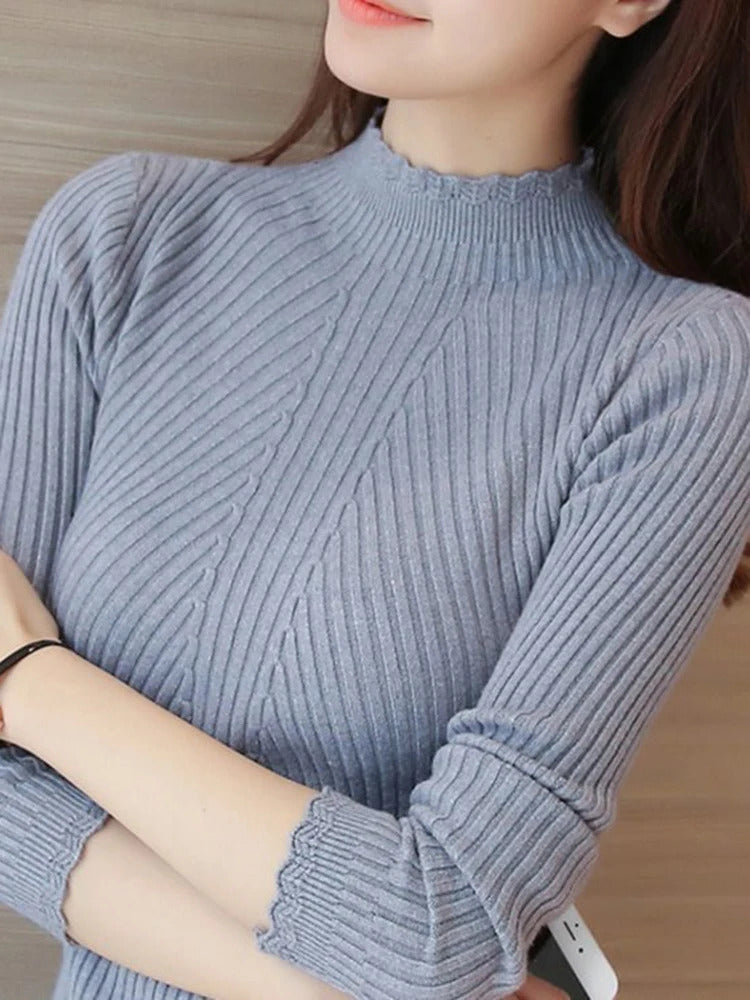 2024 Autumn Women Mock Neck Ruffles Sweater Long Sleeve Knitted Bottoming Solid Pullovers Stripe Women Casual Sweater Winter