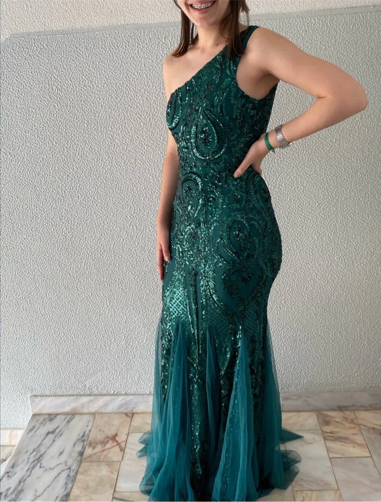 One Shoulder Emerald Evening Dresses Green Sequined Long Mermaid Prom Gown Glitter Elegant Party Dress Pattern Lace Formal Dress