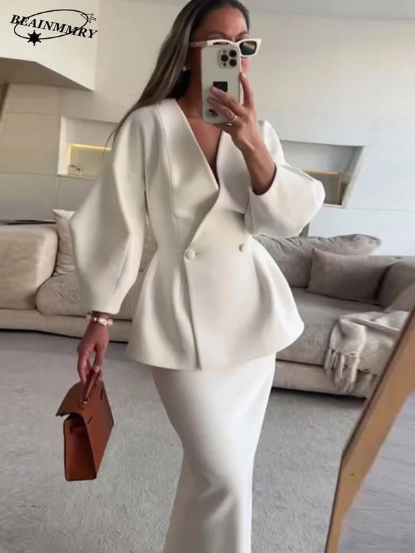 Elegant Puff Sleeve Slim Fit High Waist Women Coat Skirt Sets Fashion V Neck Solid Button Lady 2 Piece Set 2024 Chic Street Wear