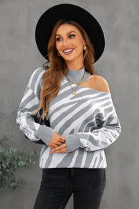 Gray Zebra Print Mock Neck Cold Shoulder Sweater