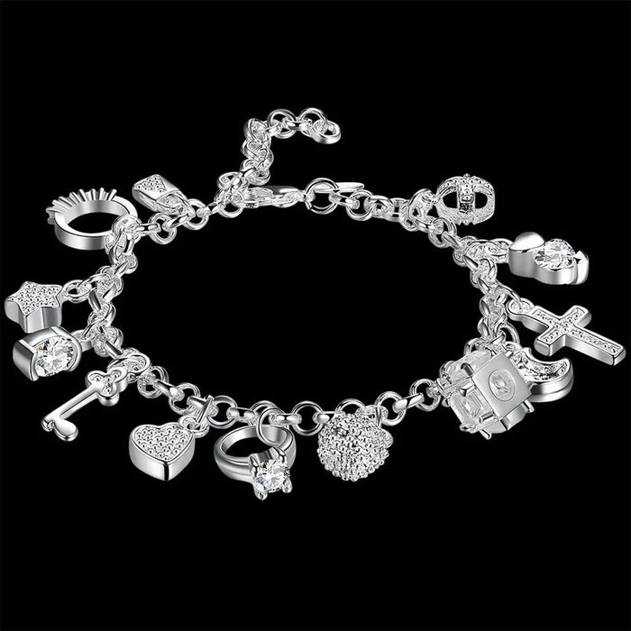 Fashion 925 Sterling Silver Bracelet for Woman Pretty Heart Zircon Pendant Chain Wedding Party Gifts Classic Jewelry 20CM 8inch