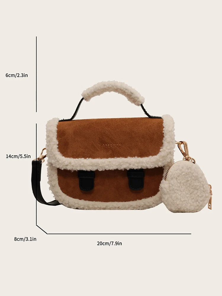 2023 Winter New Women's Plush Small Square Bag Color Contrast Design Single Shoulder Crossbody Bag Brown Handbag