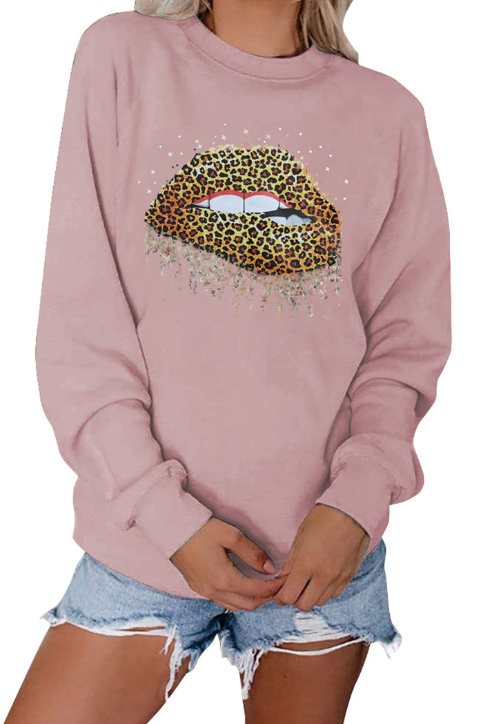 White Crew Neck Leopard Lips Graphic Sweatshirt