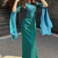 Fashion Satin Solid Robe Dress Ladies Temperament O-neck Slim Evening Dress Elegant Batwing Sleeves High Waist Pleats Long Dress