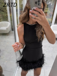 Elegant Feather Patchwork Short Party Dress Women Slim O-neck Sleeveless High Waist Female Dresses 2024 Lady Sexy Evening Robes