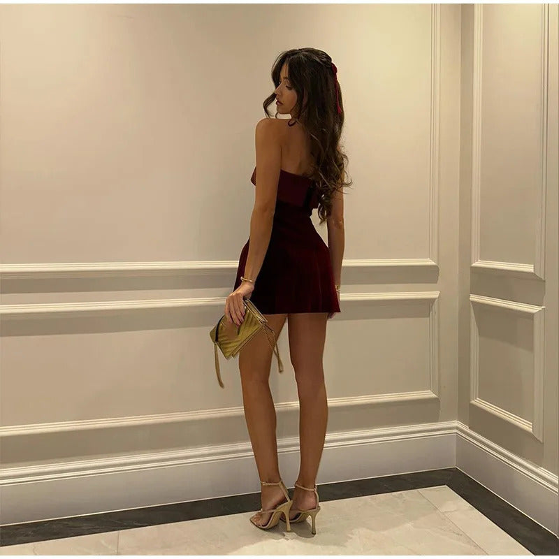 Elegant Burgundy Slash Neck Women Slim Dress Sexy Sleeveless Backless A-line Mini Dresses Retro Women Evening Club Party Vestido