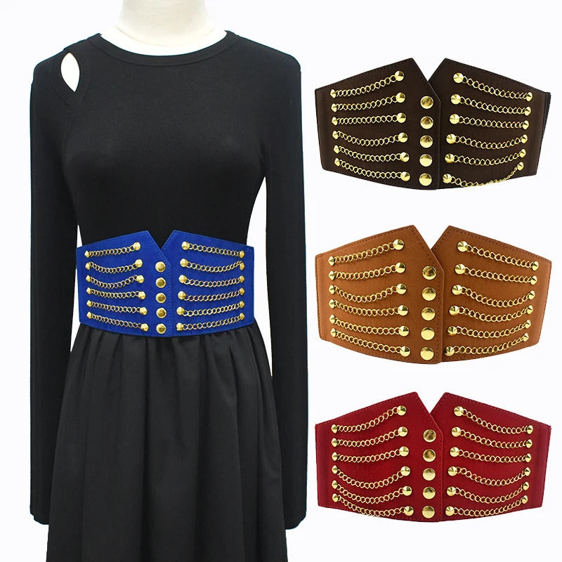 Deepeel 64cm PUNK Women's Corset Wide Belt Woman Cummerbunds Elastic Belts Chain Rivet Waistband Female Dress Coat Accessories