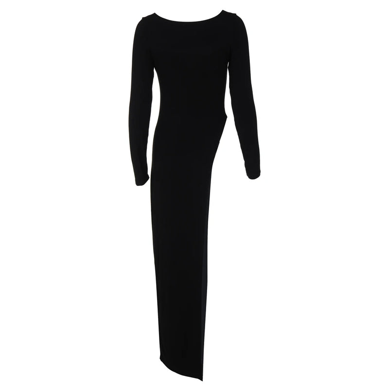 Hugcitar Autumn Fashion Solid Long Sleeve Slit Irregular Sexy Bodycon Maxi Dress Women Casual Y2K New Outfits Party Vacation