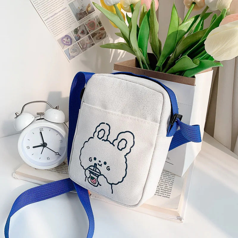 Cute Bear Rabbit Print Crossbody Bags For Women Girls Mini Canvas Square Purse Trendy Cartoon Handbags Shoulder Phone Bag New