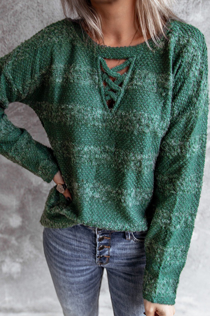 Green Crisscross Keyhole Fuzzy Sweater