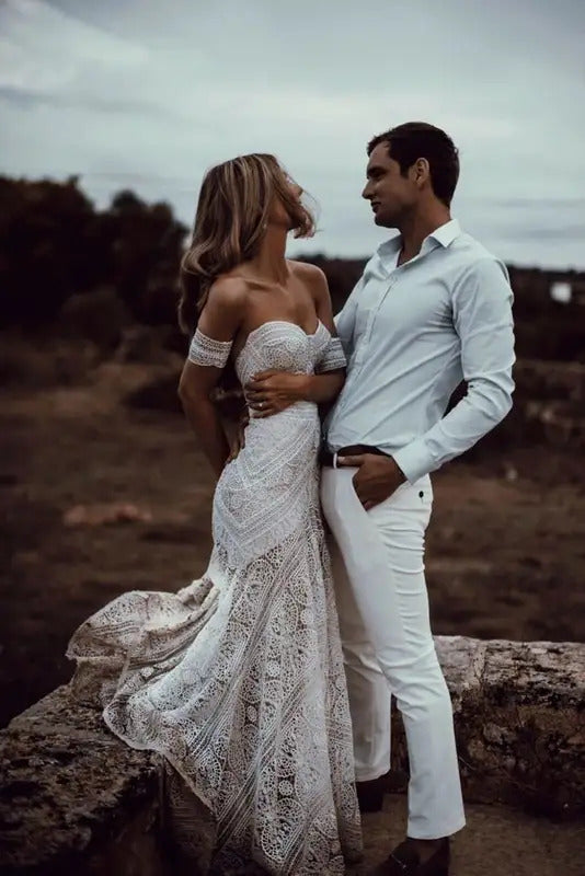 Lace Mermaid Wedding Dresses With Removeable Sleeve Sweethear Sweep Train Custom Made Vestido De Noiva