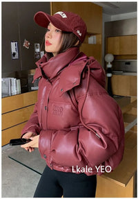 Women's Leather Down Cotton Jacket 2025 Versatile Hooded Lady Winter Parka Coat Fashion Student Ladies Cotton Padded Outerwear