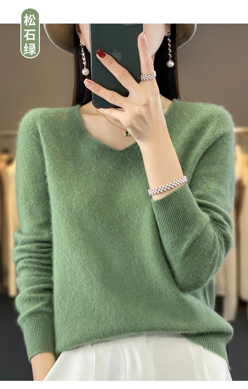 100% pure wool cashmere sweater women's V-neck pullover casual knit top autumn and winter women's coat Korean fashion