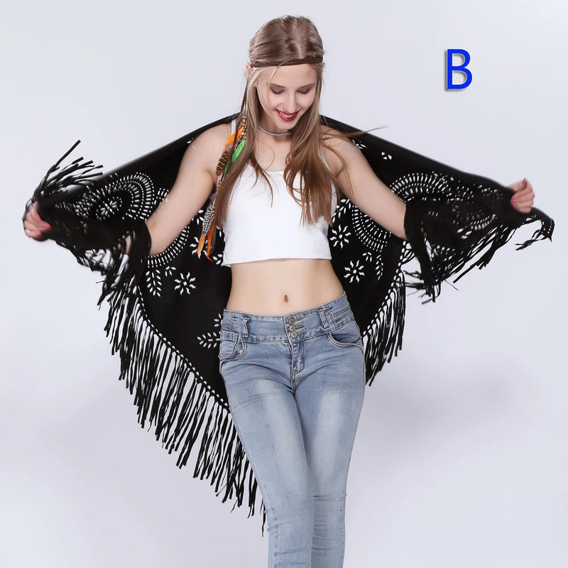 Women's Loose Suede Fringe Open Poncho Cloak Shawl Wrap with Punch Hole Patterns and Graceful Fringes Dropshipping