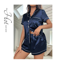 Summer Silk Satin Women Pajamas Set Button Down Top & Shorts 2 Pieces Sleepwear Notched Collar Nightwear Loungewear for Women