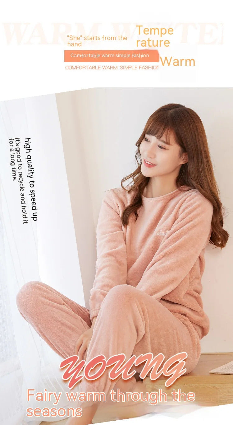 New Autumn Winter Pajamas Warm Coral Fleece Women Cozy Loose Set Top Homewear Long-sleeved lax 2 Piece Solid color Warm Pyjamas