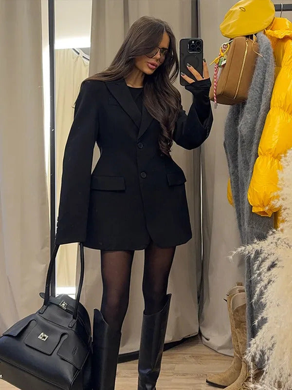 2024 Classic Black Buttons Waist Up Suits Jackets For Women Fashion Lapel Pockets Oversized Coats Lady Chic Commute Streetwear