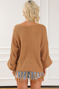 Camel Tasseled Hem Knit Baggy Sweater