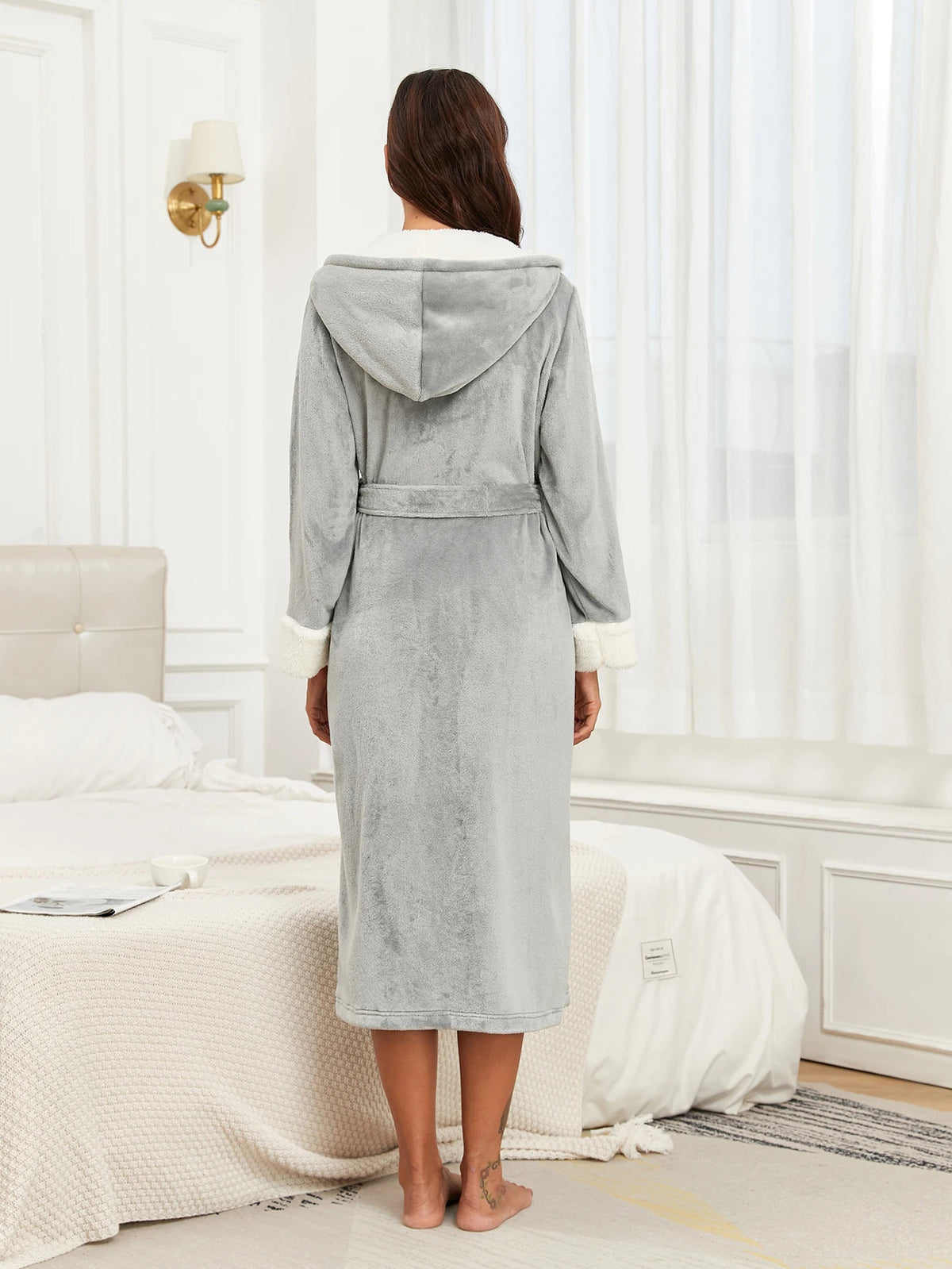 Facecloth colorful hooded robe women's long section of home wear autumn and winter models warm and comfortable bathrobe pajamas