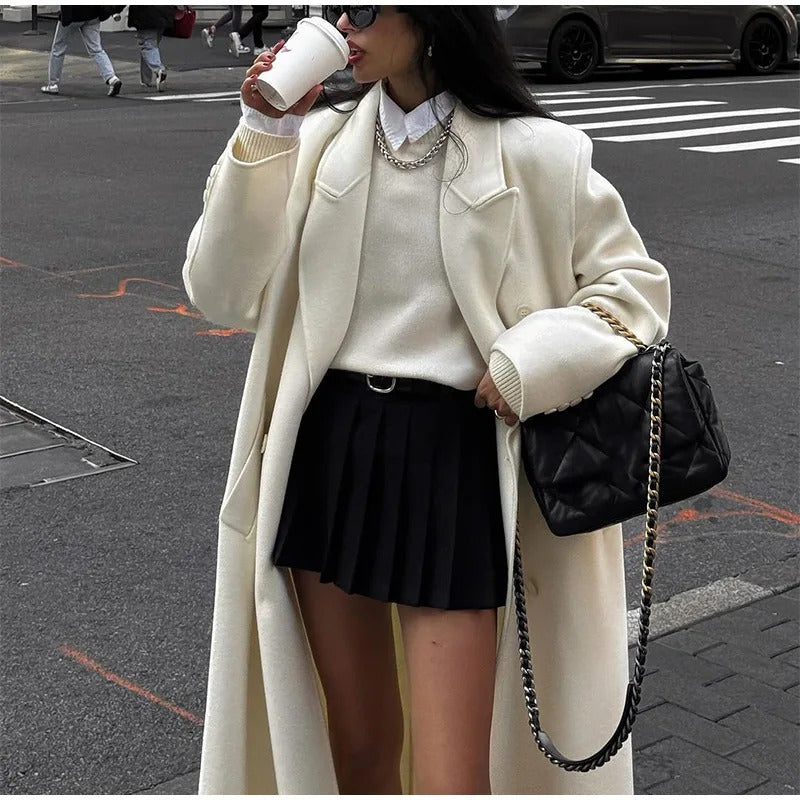 Fashion Oversize Lapel Extra Long Woolen Overcoat Women's Double Breasted Solid Cropped Overgarment 2024 Lady Commute Streetwear