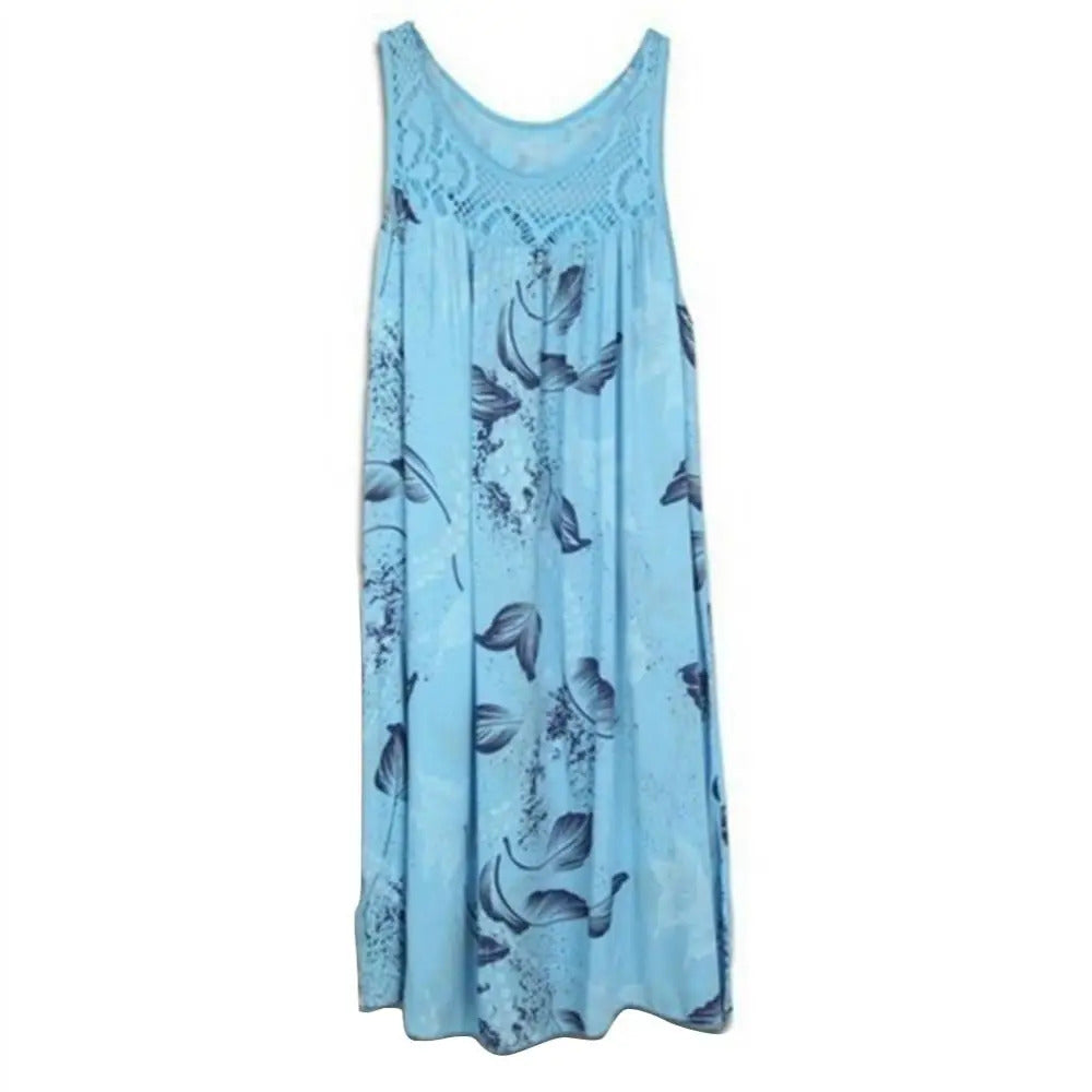 Plus Size Floral Printed Lace Stitching O-Neck Sleeveless Women Summer Loose Tank Dress