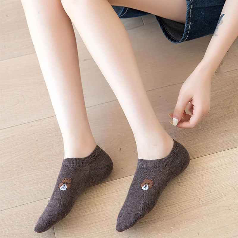 3/5/6/10 Pairs of WOMEN and MEN Cotton Socks, Casual Breathable Short Socks, and Girls' Cartoon Bear Low Cut Ankle Boat Socks