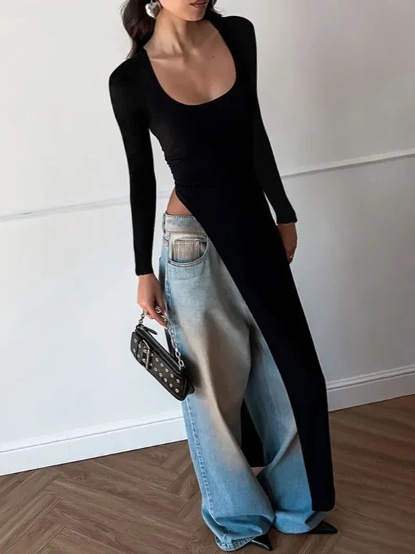 Woman Clothing Long Sleeve High Slit Black T-shirt Dress Y2K Streetwear 2024 Fall Ladies High Waist Slim Irregular Long Dresses