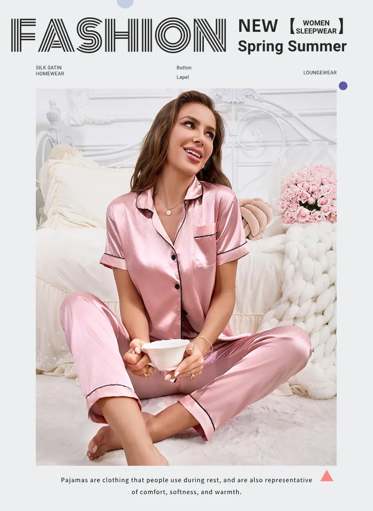 Women's Pajamas Sets Autumn Short Sleeve Buttons Top & Pants Sleepwear 2 Piece Button-Down Pj Set Homewear Satin Loungewear