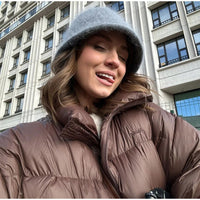 2024 New Winter Brown Warm Women's Cotton Coat Fashion Stand Collar Zipper Oversized Jackets Female Street Commuting Outerwear