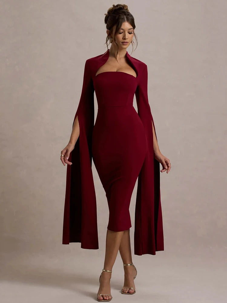 Mozision Cape Long Sleeve Sexy Midi Dress For Women Autumn Winter New Square Collar Back Slit Bodycon Club Party Long Dress