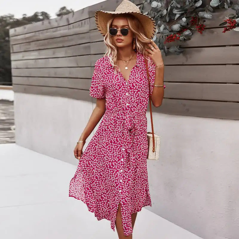 Summer Women Floral Print Dress Casual Short Sleeve Button Holiday Midi Dresses Female V-Neck Beach Boho Chic Dress Elegant Robe