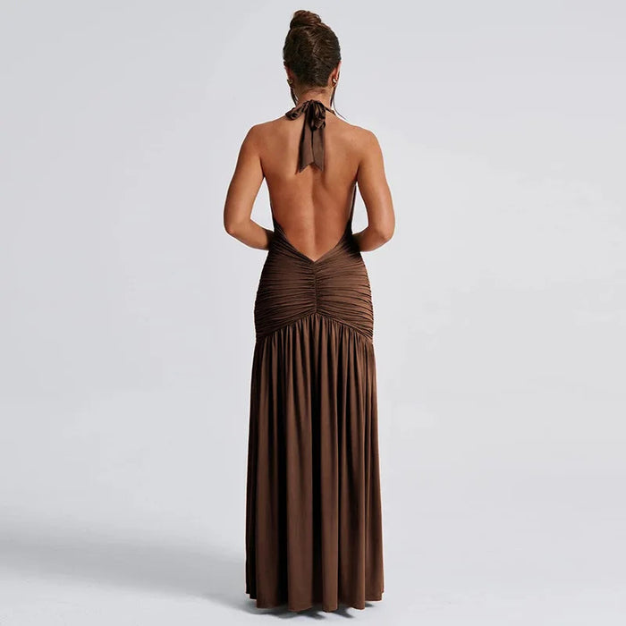 2024 summer new temperament hanging neck V-neck backless pleated slit high waist long dress