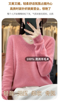 100% pure wool cashmere sweater women's V-neck pullover casual knit top autumn and winter women's coat Korean fashion