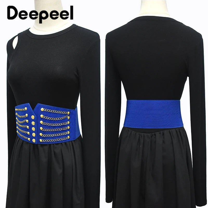 Deepeel 64cm PUNK Women's Corset Wide Belt Woman Cummerbunds Elastic Belts Chain Rivet Waistband Female Dress Coat Accessories