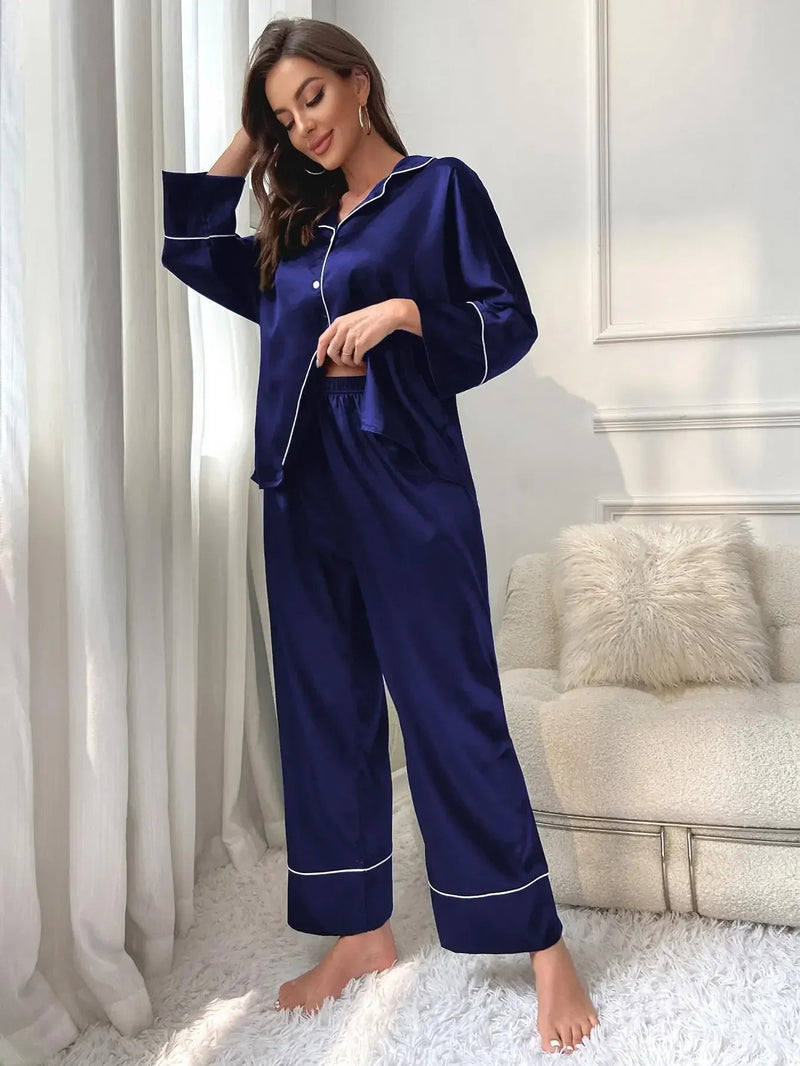 Silk Satin Women‘s Pajamas Set Notched Collar Top & Wide Leg Long Pants 2 Pieces Sleepwear Female Loungewear Like Leisure Suit