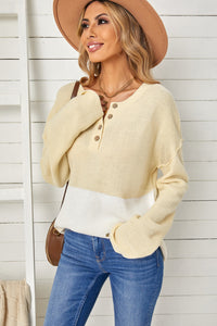 Brown Splicing Buttoned Knitted Long Sleeve Sweater