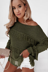 Green Boho Tasseled Knitted Sweater