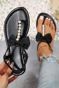 Black Cute Bowknot Pearl Embellished T-strap Sandals