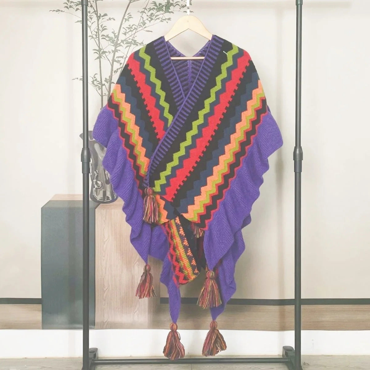 Women Ethnic Style Poncho Capes Ladies Fashion Stripe Colorful Knit Oversized Poncho Wrap Fringed Shawl Bohemian