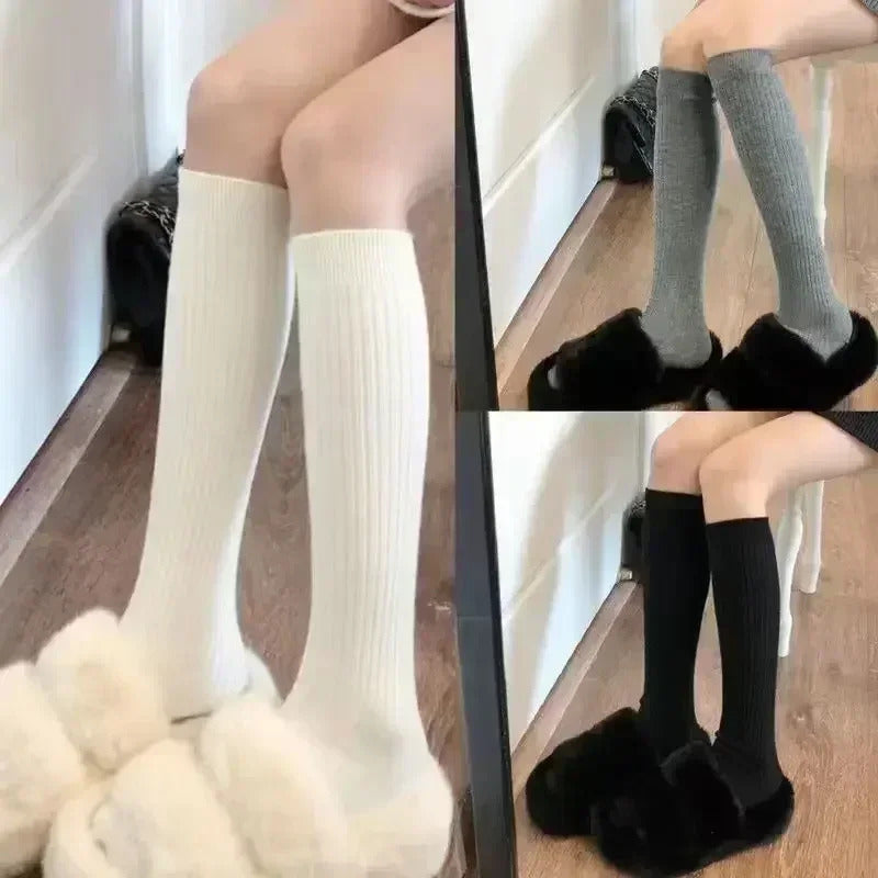 Women Soft Wool Long Socks Autumn Winter Cashmere Solid Knitted Stocking Skinny Casual Knee High Fluffy Warm Thicken Girls Socks