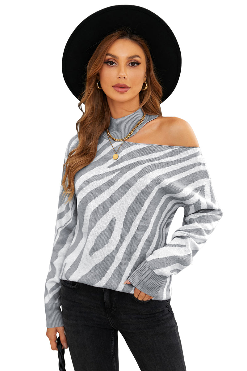 Gray Zebra Print Mock Neck Cold Shoulder Sweater