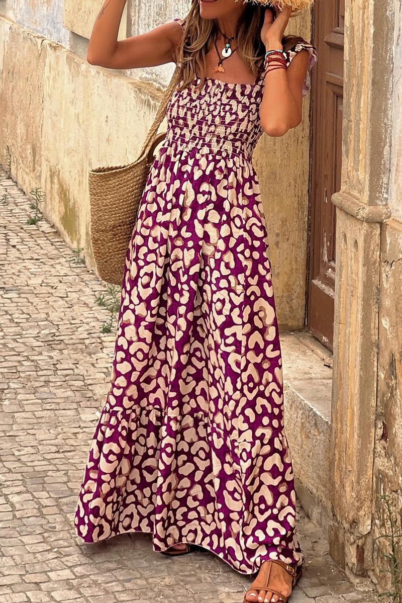 Rose Leopard Ruffle Straps Smocked High Waist Long Dress