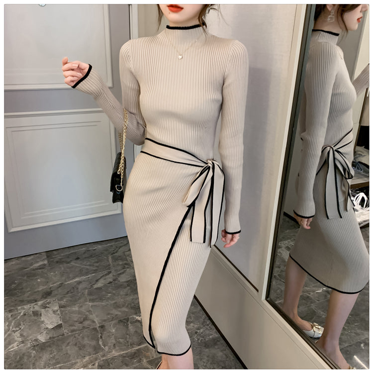 Women Knitted Dress New Autumn Winter Slim Lace-Up Long Sleeve Bottoming Sweater Skirt Elegant Fashion Office Female Vestidos