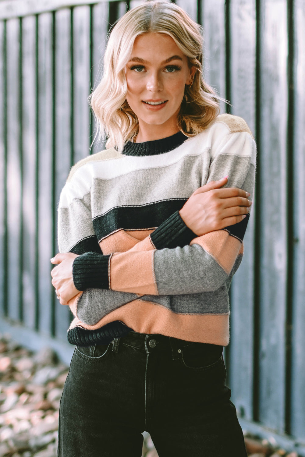 Gray Striped Color Block Casual Sweater