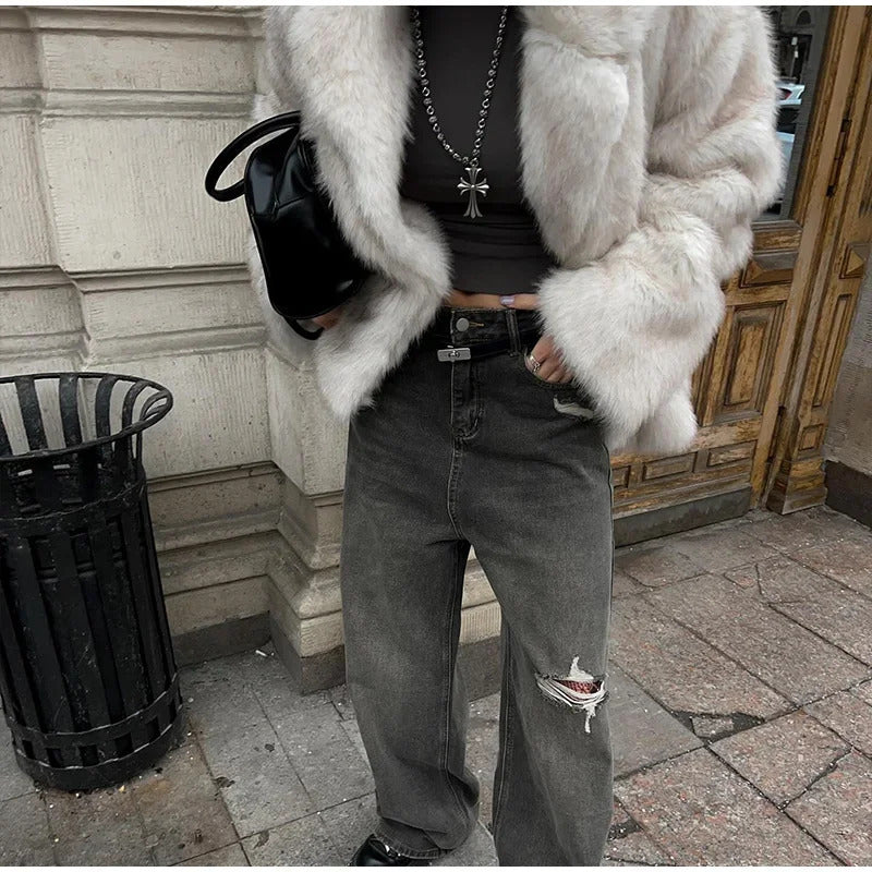 Solid Fluffy Faux Fur Women Thick Coat Fashion Warm Lapel Long Sleeve Short Jackets 2024 Winter Female Elegant Street Outerwear