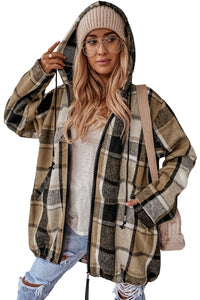 Brown Checkered Drawstring Hooded Zip-Up jacket